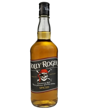 Image of a bottle of Jolly Roger Spiced Rum featuring a sleek design with a black label with a white pirate skull and bones with white accents.