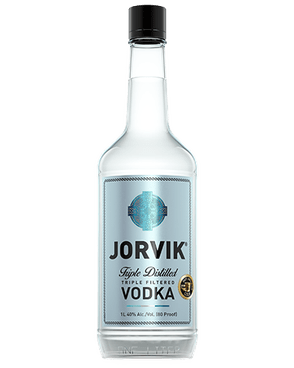 Image of a bottle of Jorvik Vodka featuring a sleek design with a blue label and black accents.