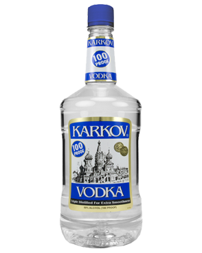 Image of a bottle of Karkov 100 Proof Vodka featuring a sleek design with a gold and white label and blue and white accents.