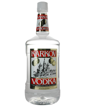 Image of a bottle of Karkov Vodka featuring a sleek design with a gold and white label and red and white accents.