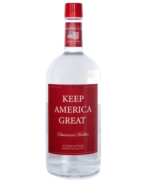 Image of a bottle of Keep America Great Vodka featuring a sleek design with a red label and white accents.