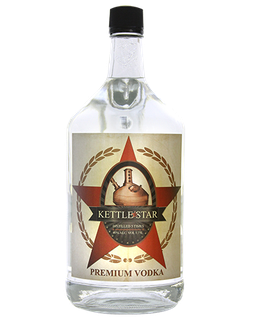 Image of a bottle of KettleStar Vodka featuring a sleek design with a tan label containing a red star and black accents.