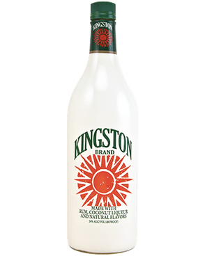 Image of a white bottle of Kingston Coconut Rum featuring a sleek design with a white label and green and red accents.