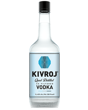 Image of a bottle of Kivroj Vodka featuring a sleek design with a blue label and black accents.