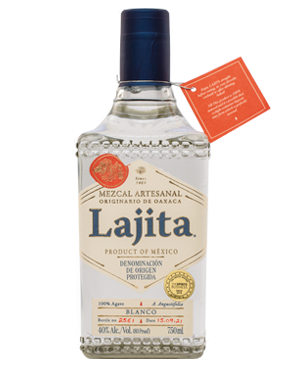 Image of a bottle of Lajita Blanco Mezcal featuring a sleek design with a tan label and gold, and blue accents.