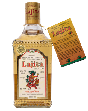 Image of a bottle of Lajita Reposado Mezcal featuring a sleek design with a white label and red, and green accents.