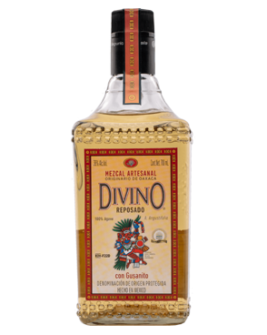 Image of a bottle of Divino Reposado Mezcal featuring a slick design with an ombre of orange and white label and blue, black, and red accents.