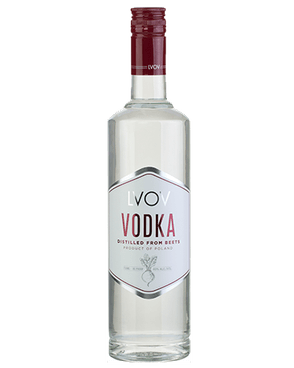 Image of a bottle of LVOV Beet Vodka featuring a sleek design with a white label and burgundy accents.