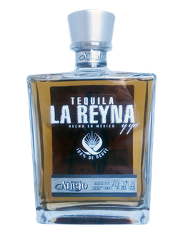 Image of a bottle of La Reyna Añejo Tequila, featuring a sleek design with a brown label and white accents.