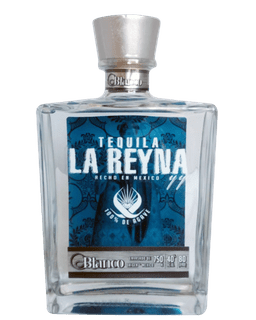 Image of a bottle of La Reyna Blanco Tequila, featuring a sleek design with a blue label and white accents.