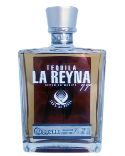 Image of a bottle of La Reyna Reposado Tequila, featuring a sleek design with a dark red label and white accents.