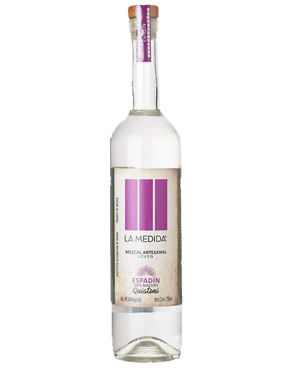 Image of a bottle of La Medida Espadín Mezcal featuring a sleek design with an aged label and magenta accents.