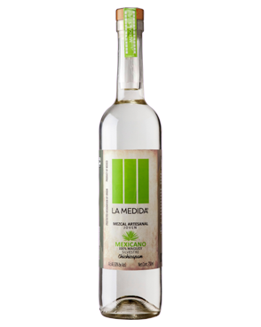 Image of a bottle of La Medida Mexicano Mezcal featuring a sleek design with an aged label and lime green accents.