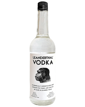 Image of a bottle of Leanderthal Vodka featuring a sleek design with a white label and black accents.