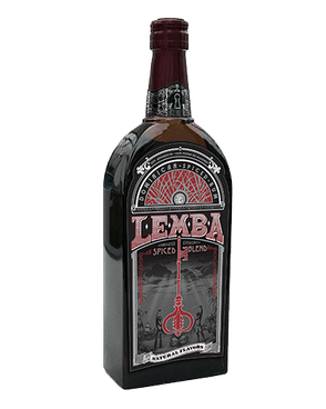 Image of a bottle of Lemba Spiced Rum featuring a sleek design with a black label and red accents.