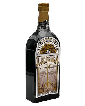 Image of a bottle of Lemba Superior Rum featuring a sleek design with a white label and gold accents.