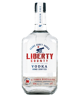 Image of a bottle of Liberty County Vodka in the 1.75 liter size featuring a sleek design with a white label and red and blue accents.