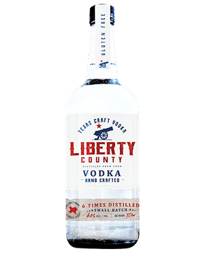 Image of a bottle of Liberty County Vodka in the 750 milliliter size featuring a sleek design with a white label and red and blue accents.