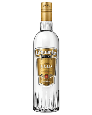 Image of a bottle of Lithuanian Gold Vodka featuring a sleek design with a gold label and white accents.