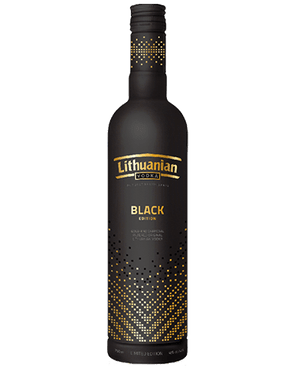 Image of a black bottle of Lithuanian Black Vodka featuring a sleek design with a clear label and gold accents.