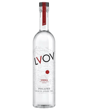 Image of a bottle of LVOV Vodka featuring a sleek design with a white label and red accents.