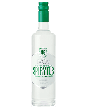 Image of a bottle of LVOV Spirytus Vodka featuring a sleek design with a white label and silver and green accents.