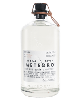 Image of a bottle of Meteoro Joven Mezcal featuring a sleek design with a white label and black accents.