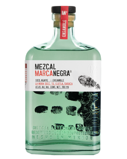 Image of a bottle of Marca Negra Ensamble Mezcal featuring a sleek design with a white label and black and red accents.