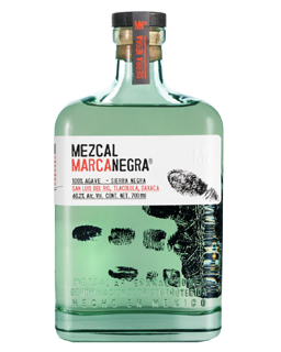 Image of a bottle of Marca Negra Sierra Negra Mezcal featuring a sleek design with a white label and black and red accents.