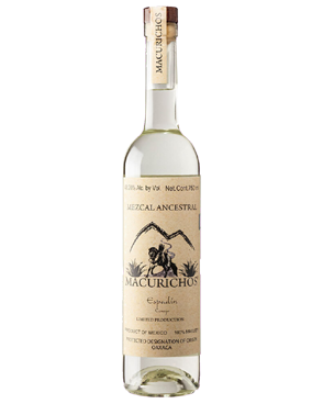 Image of a bottle of Macurichos Mezcal featuring a sleek design with an aged label and black accents.