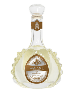 Image of a bottle of Mar Azul Almond Tequila, featuring a sleek design with a bronze label and silver accents.