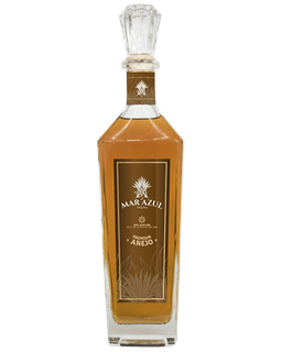 Image of a bottle of Mar Azul Añejo Tequila, featuring a sleek design with a bronze label and white accents.