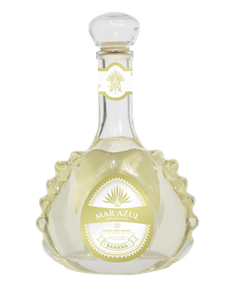 Image of a bottle of Mar Azul Banana Tequila, featuring a sleek design with a gold label and white accents.