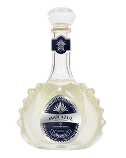 Image of a bottle of Mar Azul Coconut Tequila, featuring a sleek design with a silver label and blue accents.