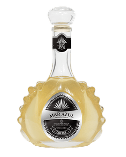 Image of a bottle of Mar Azul Coffee Tequila, featuring a sleek design with a silver label and black accents.