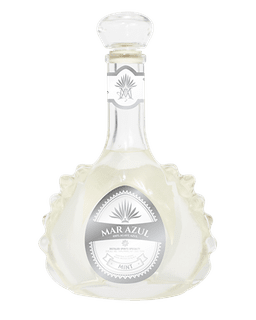 Image of a bottle of Mar Azul Mint Tequila, featuring a sleek design with a silver label and white accents.