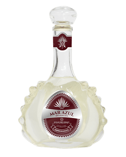 Image of a bottle of Mar Azul Peppermint Tequila, featuring a sleek design with a silver label and burgundy accents.