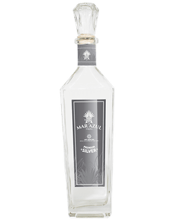 Image of a bottle of Mar Azul Silver Tequila, featuring a sleek design with a silver label and white accents.