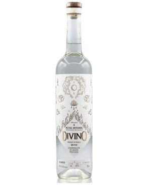 Image of a bottle of Divino Blanco Mezcal featuring a slick design with a white label and gold accents.