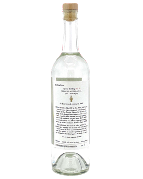 Image of a bottle of Mezcalero No. 5 Mezcal featuring a sleek design with a white label and black accents.