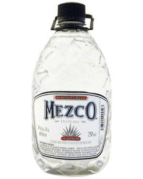 Image of a bottle of Mezco Blanco Mezcal featuring a sleek design with a white label and silver, and blue accents.