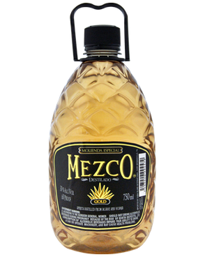 Image of a bottle of Mezco Gold Mezcal featuring a sleek design with a black label and gold, and white accents.