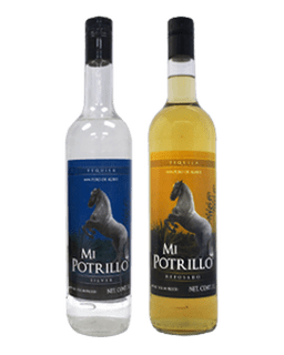 Image of a 2 bottles of Mi Portilllo Tequila, silver and reposado, featuring a sleek design with blue and orange labels respectively and white accents.