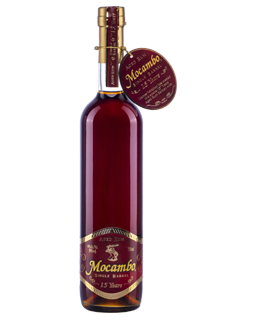 Image of a bottle of Mocambo 15 Years Rum featuring a sleek design with a magenta label and gold accents.