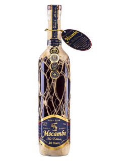 Image of a bottle of Mocambo 20 Years Rum featuring a sleek design with a deep blue label and gold accents.