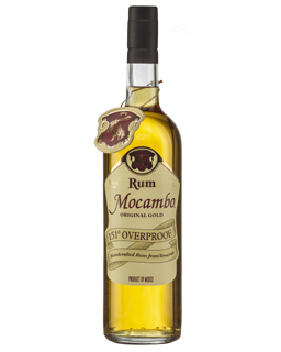 Image of a bottle of Mocambo 151 Rum featuring a sleek design with a tan label and burgundy accents.