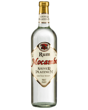 Image of a bottle of Mocambo Platinum Rum featuring a sleek design with an off-white label and red and bronze accents.