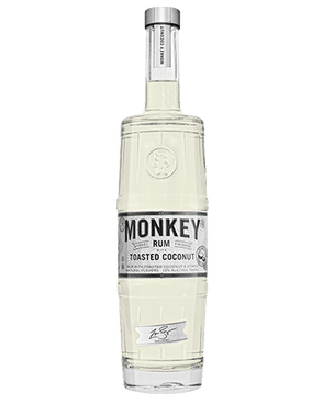 Image of a bottle of Monkey Toasted Coconut Rum featuring a sleek design with a white label and black accents.