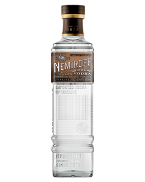 Image of a bottle of Nemiroff De Luxe Rested Vodka featuring a sleek design with a brown label and white accents.