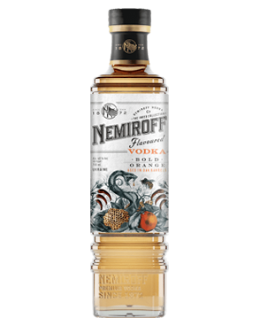 Image of a bottle of Nemiroff Blood Orange Vodka featuring a sleek design with a white label and black and orange accents.